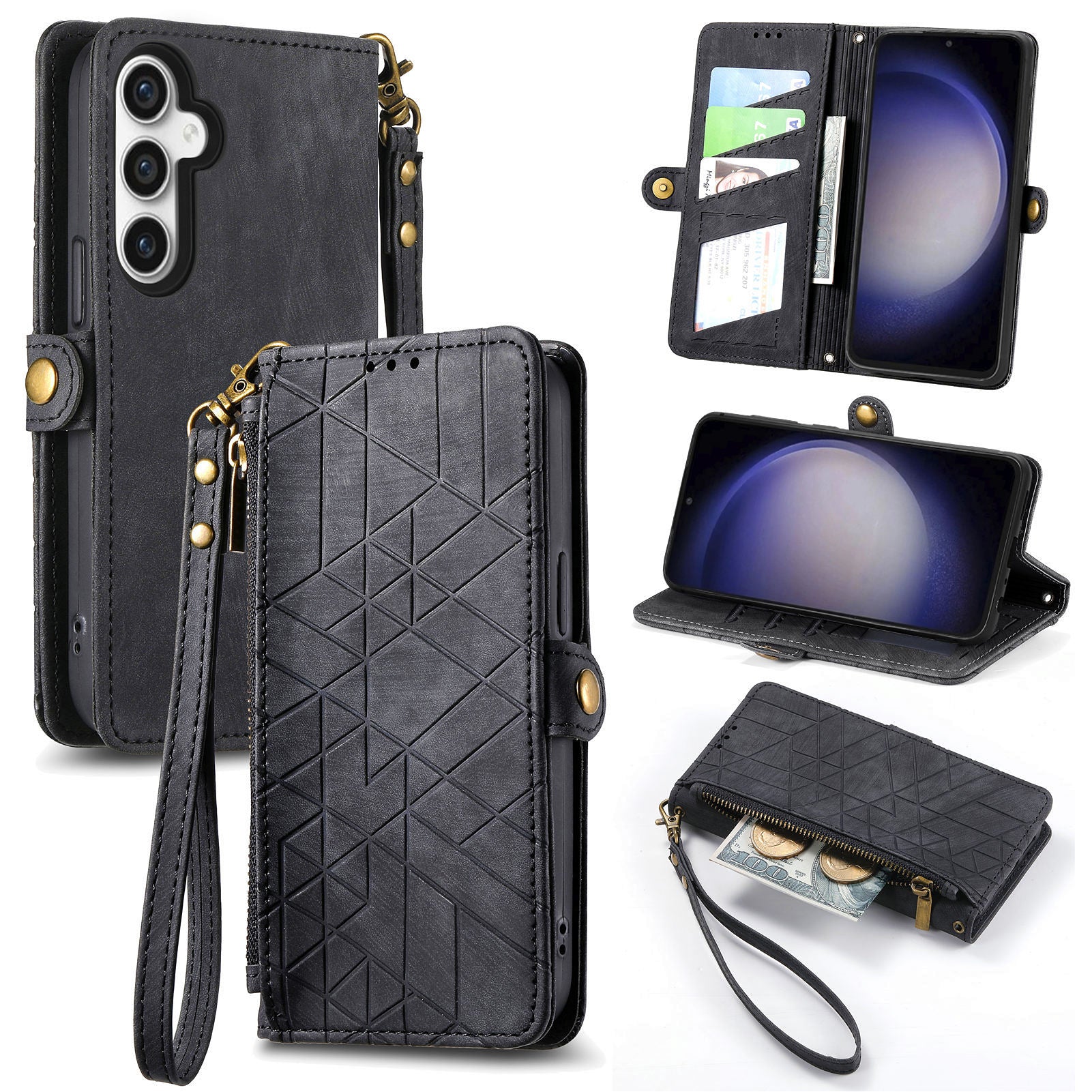 For Samsung Galaxy S23 FE PU Leather Phone Case Geometry Imprinted Wallet Zipper Pocket Stand Cover with Strap For Samsung Galaxy S23 FE PU Leather Phone Case Geometry Imprinted Wallet Zipper Pocket Stand Cover with Strap